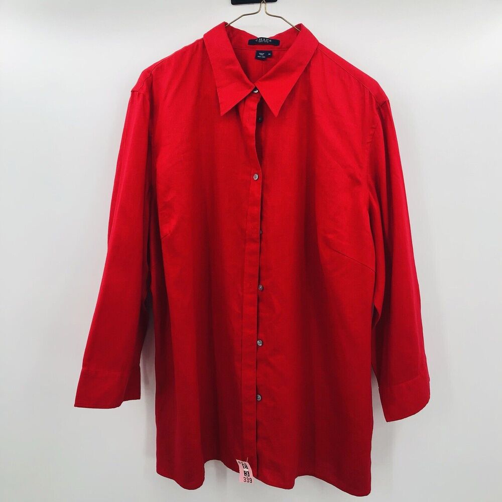 Chaps est 1978  Women's 2X 100% Linen Button Up Red Blouse Embroidered Logo